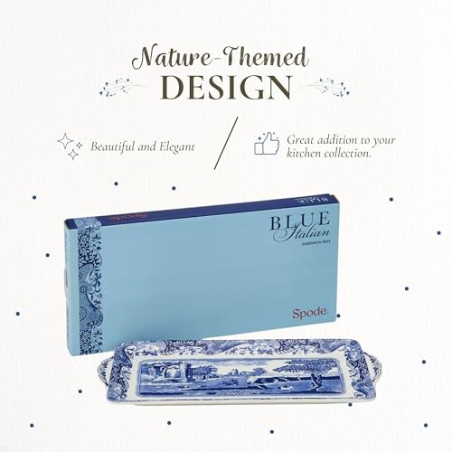 Spode Blue Italian Sandwich Tray, 13 Inch Rectangular Platter with Handles - Elegant Decorative Serving Dish for Breads, Appetizers, Fruit - Porcelain Presentation for Entertaining Table Displays