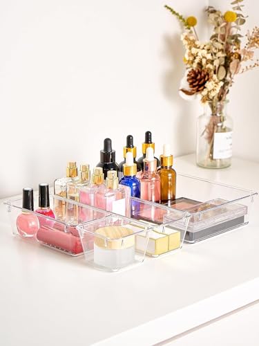 Image of Clear Plastic Drawer Organizers Set, 4-Size Versatile Bathroom and Vanity Drawer Organizer Trays, Storage Bins for Makeup, Bedroom, Kitchen Gadgets Utensils and Office (9 PC NEW SET)