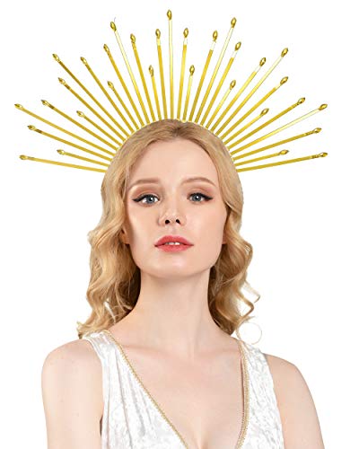 Halo Crown Sunburst Spike Crown Mary Headband Women's Halloween Costume Headpiece (1-Gold Rhinestones)