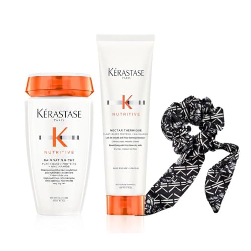 Kérastase Nutritive - Routine Nourrissante & Sublimatrice pour Cheveux Secs et Épais - Shampoing Bain Satin Riche (250 ml) + Nectar Thermique (150 ml) + Foulchy (Chouchou Foulard)