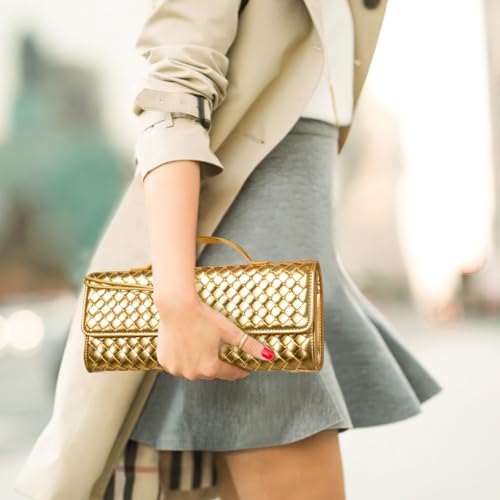 Image of Woven Clutch Purse Ladies Top Handle Handbag Leather Crossbody Shoulderbag with Detachable Strap (Gold)