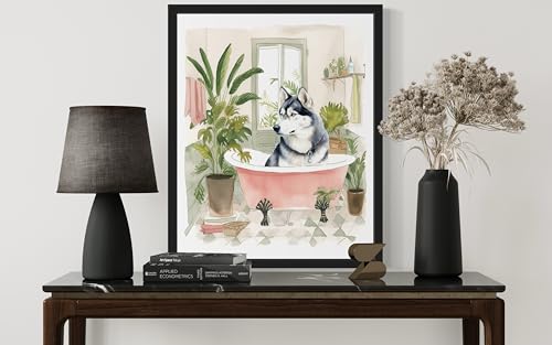 Image of Husky in Bathtub Black Framed Wall Art Poster Print, Animal Bathtub Restroom Wall Art Painting for Bathroom Decor Gallery Gallery 30 (Husky in Bathtub, 14 inch L x 11 inch W, Black Frame)