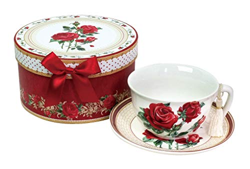 Lightahead Elegant Bone China Cappuccino Coffee Tea Cup and Saucer Red Rose Design 10 oz in attractive gift box