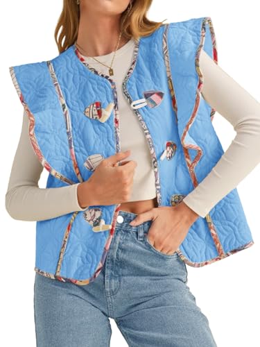 Tankaneo Womens Puffer Vest Ruffle Sleeveless Floral Patchwork Quilted Vest Wooden Toggle Padded Gilet Coats