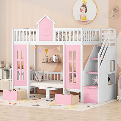MERITLINE Twin Loft Beds with Storage Stairs and Desk, Wooden Castle Shaped Twin Over Twin Bunk Bed with Changeable Desk, Bunk Bed with Storage Drawers for Kids, Pink