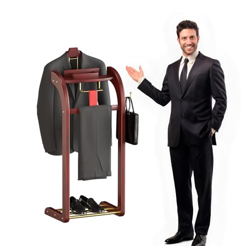 Qcesorib Galán de Noche de Madera con Bandeja, Multifuncional Galán de Noche para Dormitorio con Percha para Pantalones, Galan de Noche Mueble con Percha, para Chaqueta y Pantaló