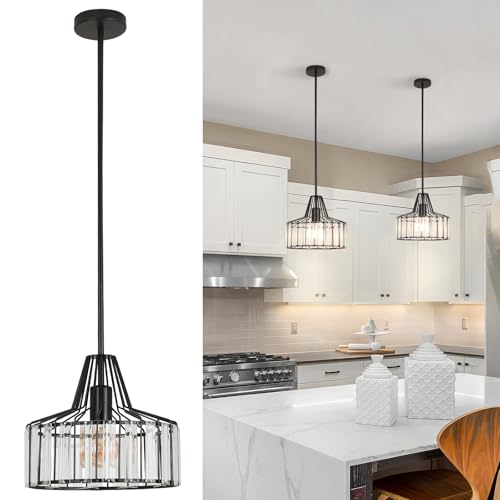XIGUCUCN Modern Crystal Pendant Light Fixture,1-Light Mini Chandeliers,Matte Black Hanging