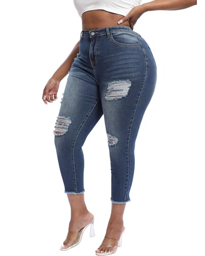 Womens Plus Size Capri Jeans Stretchy High Waisted Skinny Denim Capris Jean3