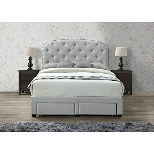 Dg Casa Argo Upholstered Panel Bed Frame With Storage Drawers And Diamond Button Tufted Nailhead Trim Headboard, Queen Size In Platinum Fabric #TOP2