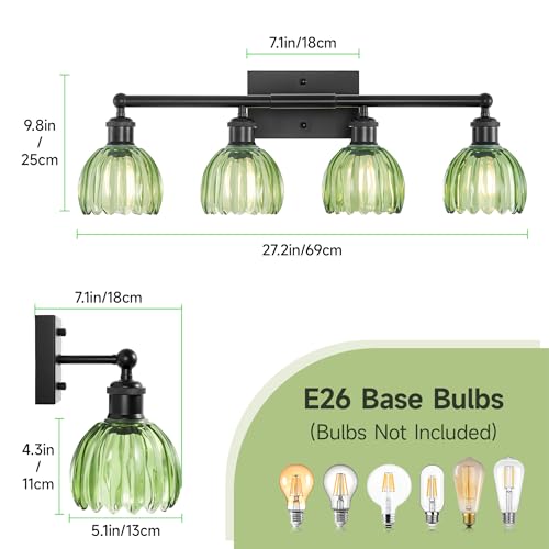 Image of Vanity Lighting Fixtures,4 Light Bathroom Vanity Light,Black Bathroom Light Fixtures Over Mirror,27.2 in Vintage Sconce with Green Tulip Glass Shade for Bedroom,Dressing Table, E26 Base