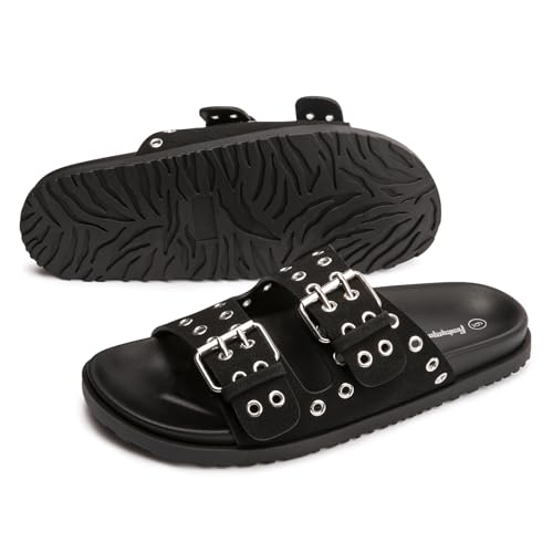 FUNKYMONKEY Women's Eyelets Adjustable Double Strap Slides Slip On Comfort Flat Sandals for Summer
