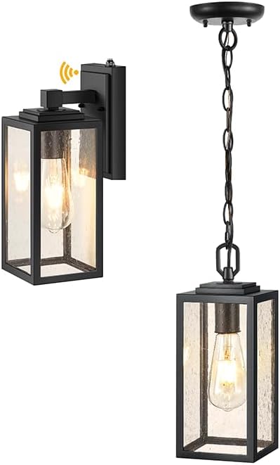 VIANIS Iluminación de porche al aire libre del atardecer al amanecer, moderno aplique de pared exterior negro para casa, lámpara colgante al aire