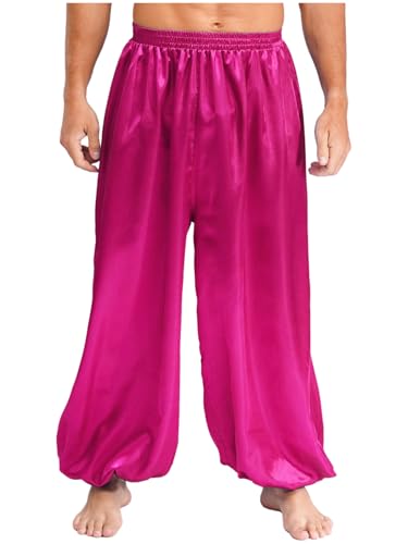 Jhaoyu Mens Satin Belly Dance Pants Elastic Waist Loose Fit Trousers Bloomers Arabian Prince Outfits