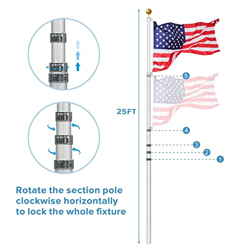 Elevens 25Ft Telescoping Flag Pole Kit, Heavy Duty Aluminum Telescopic Flagpole For Outside In Ground With American Flag And Ornament Ball For Yard, Residential Or Commercial, Silver #TOP6