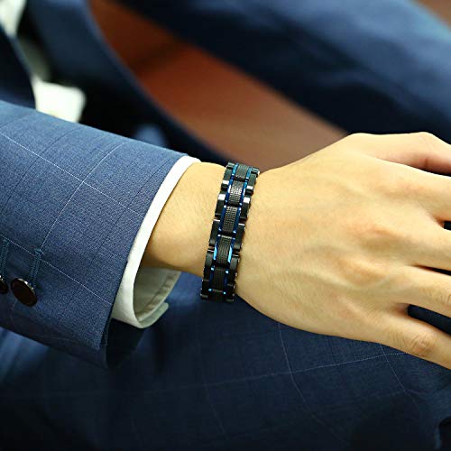 VNOX Custom Personalized Elegant Stainless Steel Two-Tone Blue&Black Link Bracelet for Men Husband Dad Son Gift,8.2"/8.6"3