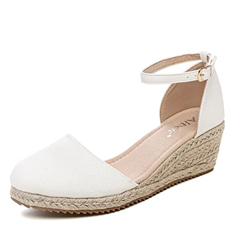 Image of Altxic Women's Closed Toe Canvas Ankle Strap Espadrilles Wedge Sandals White 7 US