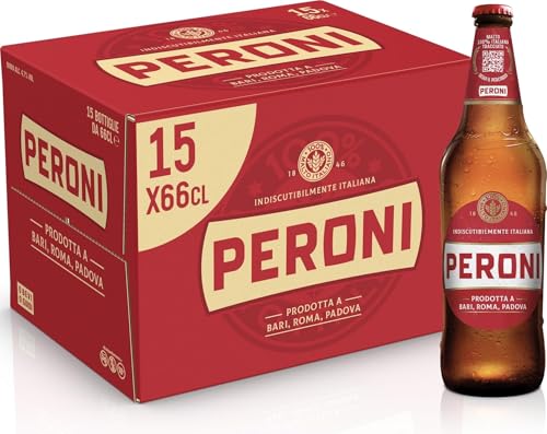 Peroni Birra, Cassa con 15 Birre Lager in Bottiglia da 66 cl, 9.90 L, con Malto 100% Italiano, Gusto Moderatamente Amaro, Gradazione Alcolica 4.7% Vol