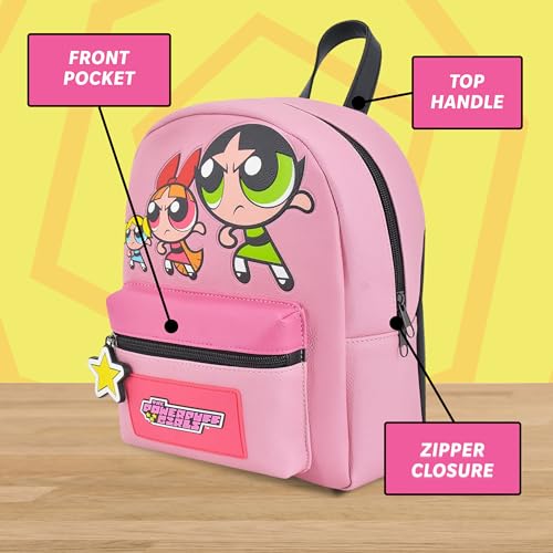 Image of Concept One The Powerpuff Girls Mini Backpack, Blossom, Bubbles, and Buttercup Small Travel Bag Purse for Men and Women, Adjustable Shoulder Straps, Multi, 10 Inch