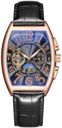 Men Automatic Watch Skeleton Moon Phase Leather Dress Mechanical Wristwatch