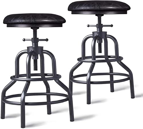 Diwhy Industrial Vintage Bar Stool,Kitchen Counter Height Adjustable Pipe Stool,Cast Iron Stool,Swivel Bar Stool,Metal Stool,27 Inch,Fully Welded Set of 2 (Black PU Leather Top)