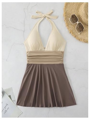 Verdusa Women's Modest Swimsuits One Piece Swimsuit Color Block Deep V Neck Backless Ruched Swim Dress4