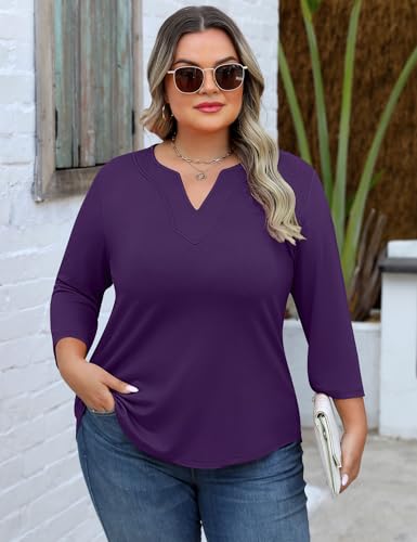 Romanstii Womens Plus Size Tops Casual 3/4 Sleeve V Neck T Shirt Loose Fit Tunic Blouse 1X-5X4