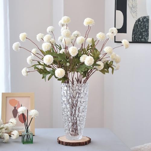 LGEGE Artificial Mini Chrysanthemum Ball 5 Branches Set - Each Branch has 5 Flower Heads (3.5cm in Diameter), White Fake Flower for DIY Bouquet Centerpieces Arrangement (50cm Long)