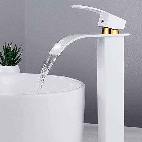 Robinet Lavabo Cascade Mitigeurs Vasque à Poser Robinetterie à Monocommande et Monotrou pour Salle de Bains Bec Aplati en Laiton Chromé (or blanc)