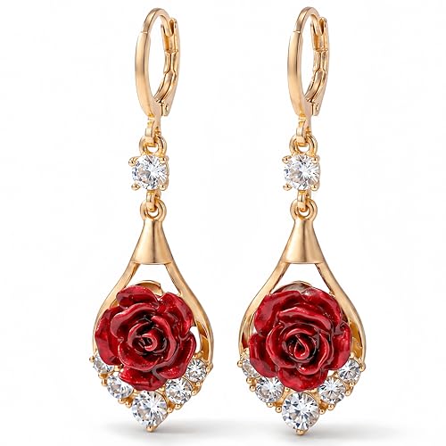 LisiZen Red Rose Leverback Earrings for Women, Gold Tone Crystal Dangle Earrings, Floral Fashion Jewelry