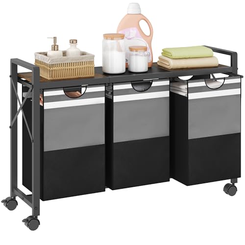 FAVOOSTY Clasificador de ropa sucia con estante, organizador de cesta de lavandería de 150 L, cesta de lavandería de 3 secciones con ruedas giratorias, gris y negro (1 nivel)