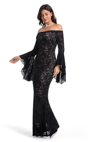Image of Cercis Womens Off The Shoulder Floral Lace Maxi Wedding Dress Boho Flowy Wedding Guest Formal Long Dresses