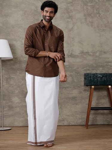 Image of RAMRAJ COTTON Men Full Sleeve Solid Shirt With Matching Border Dhoti|Ideal For Weddings And Occasion