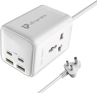 UltraProlink 6 in1 65W PD GaN Fast Charger MultiPort Station 2 Type-C (PD),2 USB-A Ports & 2AC Sockets with Surge Protection Higher Device Safety with ISI Approved 2m HeavyDuty Cable Power qube 65