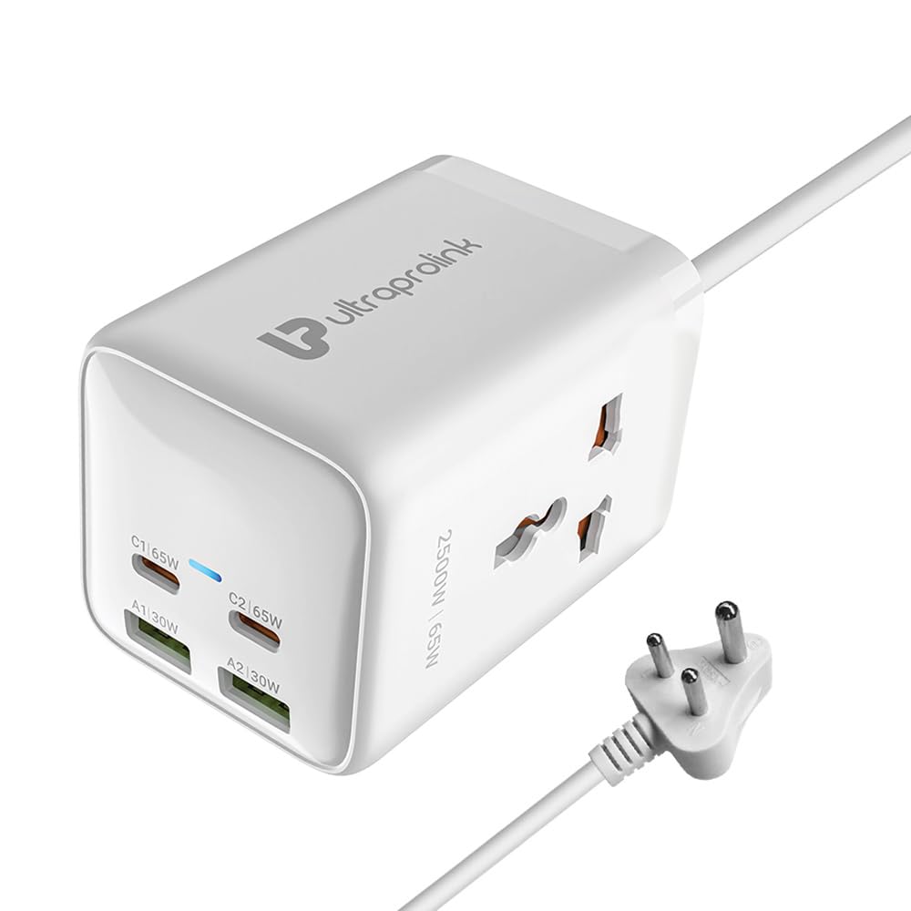 UltraProlink 6 in1 Power Hub Surge Protector | 65W Fast Charging |6 Ports-2 Type-C (PD),2 USB-A & 2AC Sockets (2500W) | fo...
