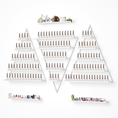 Lorvain Metal Wall-mounted Nail Polish Storage Racks White Triangular Display Rack 5 Tiers Cosmetic Display Cases Lipstick Perfume Wall Shelf Essential Oil Organizers for Home Spa Nail Salon Shop