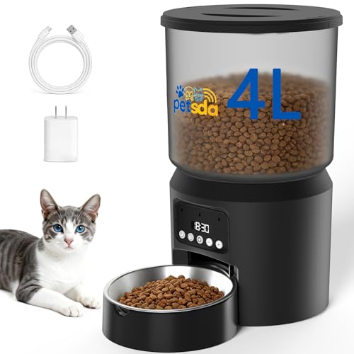 PETSDA Automatic Cat Feeders, 4L Timed Cat Dry Food Dispenser Auto Pet Feeder for Cats and Small Dogs Dual Power Supply 9 Meals Programmable 1-15 Portion Per Day with Stainless Bowl Easy Clean