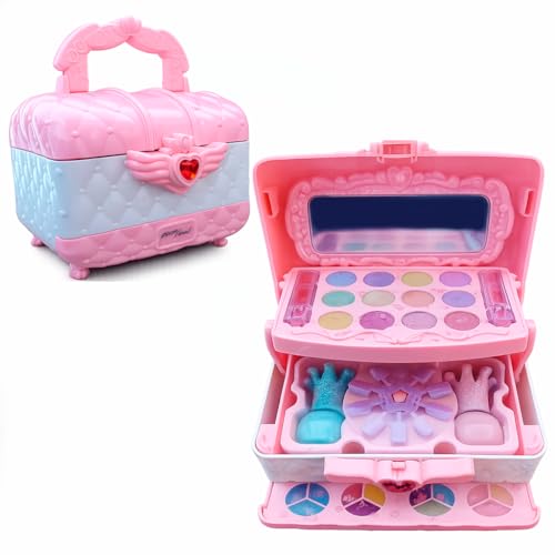 Maleta de Maquiagem Infantil 16,5cm Kit Completo Espelho Batom Sombra Esmalte Pincéis Brilho Glitter Unha Postiça Escova Sobrancelha Atóxico Solúvel em Água Salão de Beleza Premium