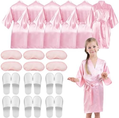 18 Pcs Spa Robes for Girls, Spa Party Supplies with Kid Slippers Girls 6 Blindfold Eye Mask Cover
