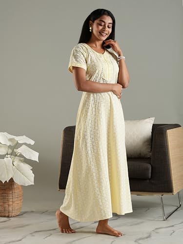 Image of 9shines Label Stylish Chikankari Cotton Nighty Maxi for Women | Full Length Nightgown | Nightdress with Pocket | Embroidery Nighty | Soft Comfortable Cotton Nightwear (1545)