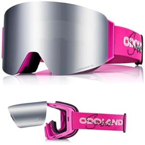 Odoland Flip Up Ski Goggles for Men Women, Anti-fog Magnetic OTG Flip-Up Snow Snowboard Goggles for Instant Defogging Rose Frame Silver Lens