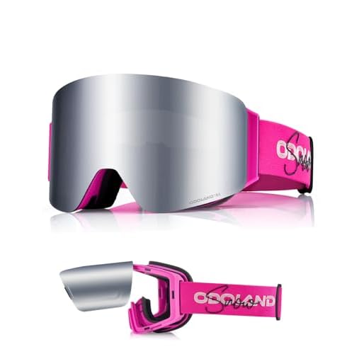 Odoland Flip Up Ski Goggles for Men Women, Anti-fog Magnetic OTG Flip-Up Snow Snowboard Goggles for Instant Defogging Rose Frame Silver Lens