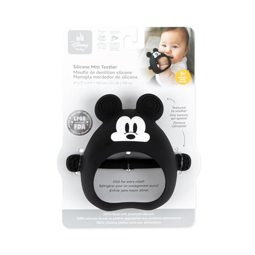 Image of Bumkins Disney Baby Silicone Undroppable Teething Mitt, Freezer Toy Teether Keys, Soft Flexible Platinum Silicone Pacifier to Chew, Cool Teether Gum Relief, Essentials Babies 3 Months, Mickey Mouse