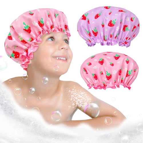 2 Pcs Kids Shower Cap Elastic Band Double Layers Waterproof Shower Caps For Women Girls Reusable Shower Cap With Ruffled Edge Covering Ears For Long Short & Curly Hair