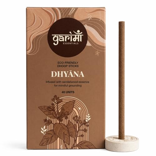 Garima Essentials Sandalwood Dhoop Sticks | 40 Bambooless Incense Sticks | Chandan Stick | Charcoal Free | Ceramic Stand | Pure Chandan Dhoop for Pooja Meditation Home | Natural Agarbatti