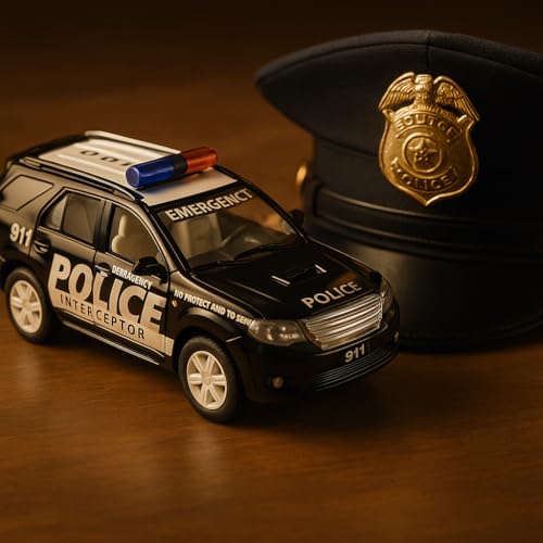 Image of Police Interceptor Toy Car - 15 cm Pull-Back Action Model | Black, Non-Toxic Plastic, Soft Edges | Realistic Design for Kids & Collectors