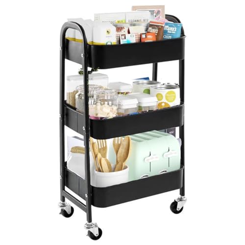WILLINGTE Carrito de Almacenamiento Metal con 3 Niveles, Carrito de Utilidad móvil, Organizador con Ruedas, Fácil de Montar para Oficina para Baño, Cocina, Salón, Oficina...