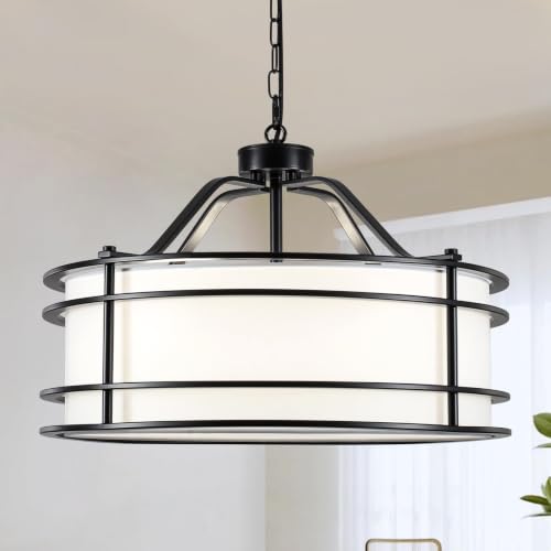 21.6' Modern Drum Chandelier, 5-Light Black Chandeliers with White Fabric Shade, Farmhouse Round Pendant Light Fixture f