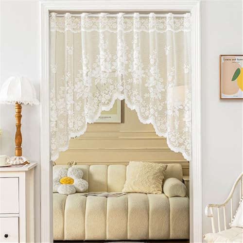 NewWPKIRA White Lace Arched Sheer Curtain Floral Embroidered Swag Curtain Valance Tier for Doorway Kitchen Bathroom Window, Rod Pocket Top 2 Panels (White, W63 x L39 inch-2 Panels)