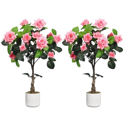 Aptliton Lot de 2 Rosiers Artificiels Rose 75cm, Plante en Pot avec Tige Écologique, Plante Décorative Réaliste sans Entretien pour Intérieur Extérieur...