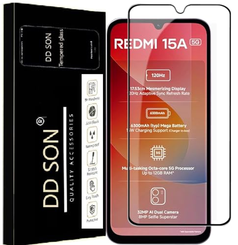 Image of DD SON Premium HD+ Tempered Glass Screen Protector Guard Compatible For Redmi 15A 5G (6.9 Inch, Pack of 1) Edge to Edge Coverage With Easy installation kit for Smartphone
